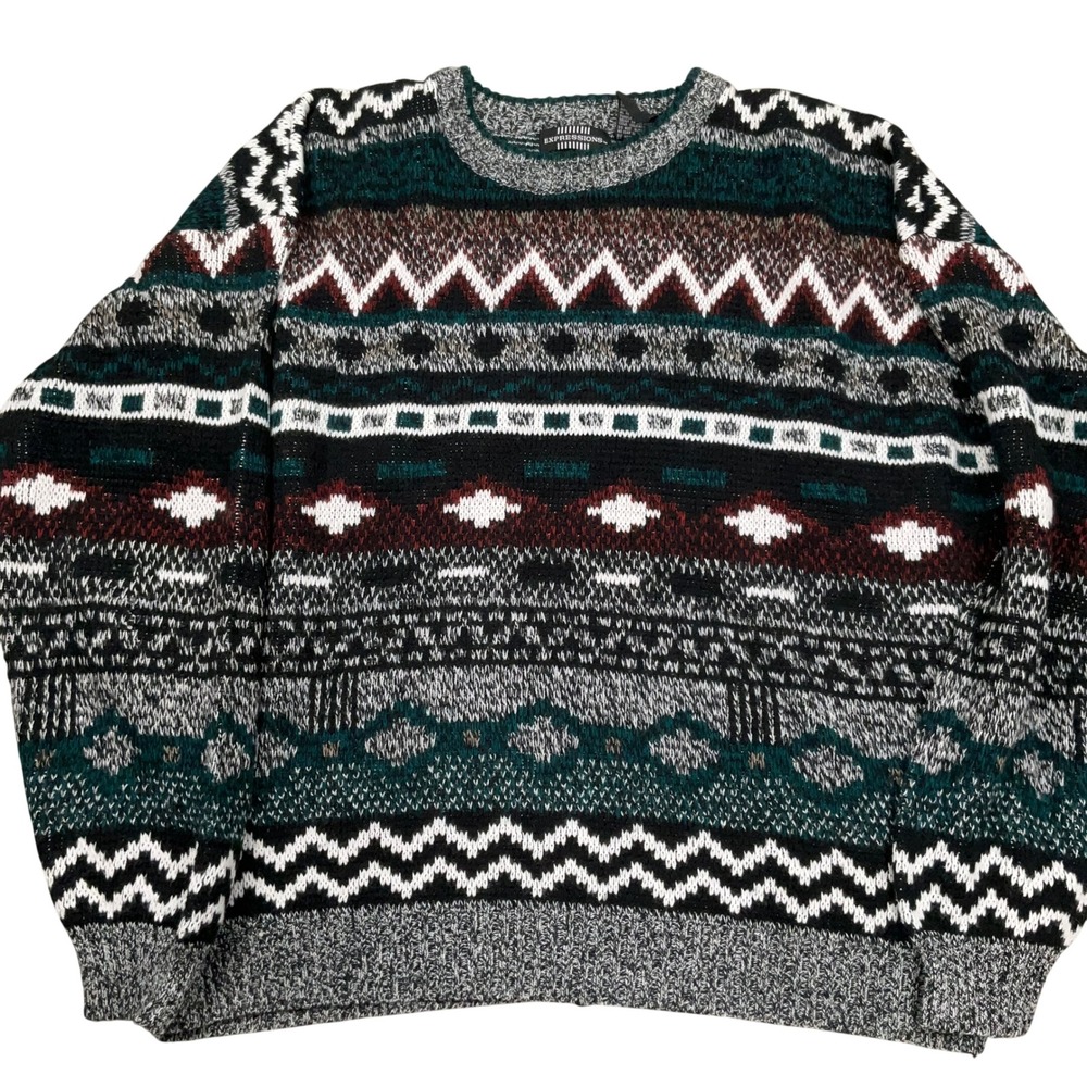Expressions Sweater Mens L Teal Gray Geometric Stripe Fair Isle Crewneck Acrylic
